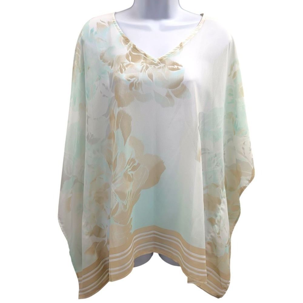 Chico's Women's S/M Semi Sheer Floral Poncho Cover Up Lightweight Kimono Sleeve
